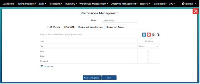 Permissions management settings for LISA WMS